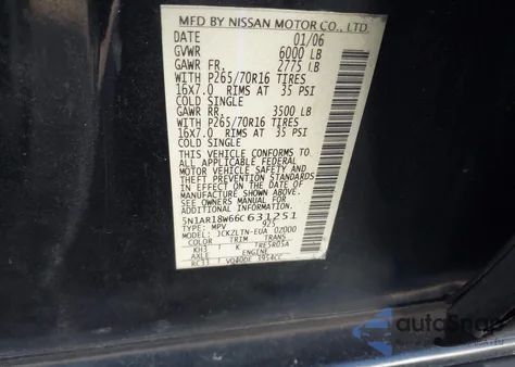 2006 Nissan Pathfinder Se из США, поврежденный, VIN 5N1AR18W66C631251